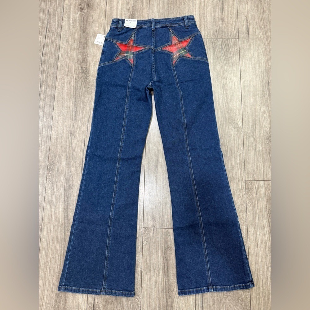NWT Free People Firecracker Jeans Holiday Tartan Stars Blue Plaid Size 30